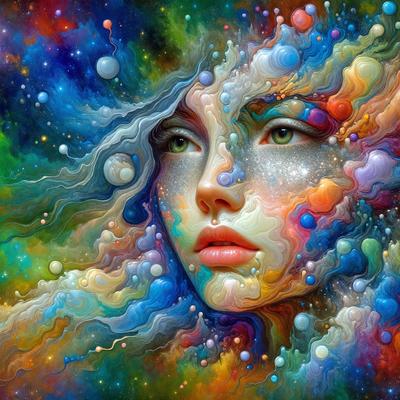 The primary subject of the image is a woman with a colorful, artistic appearance. She is surrounded by a vibrant and lively environment, which includes a variety of colorful balls and bubbles. The setting appears to be a space-themed background, adding to the overall visual style of the image. The woman's face is the focal point of the image, and her expression and features are emphasized through the use of color and detail. The colors and mood of the image are energetic, l
